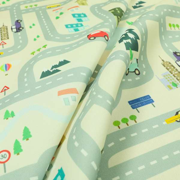 On The Road Map Children Play Mat Car Pattern Printed Upholstery Fabric In White - Roman Blinds