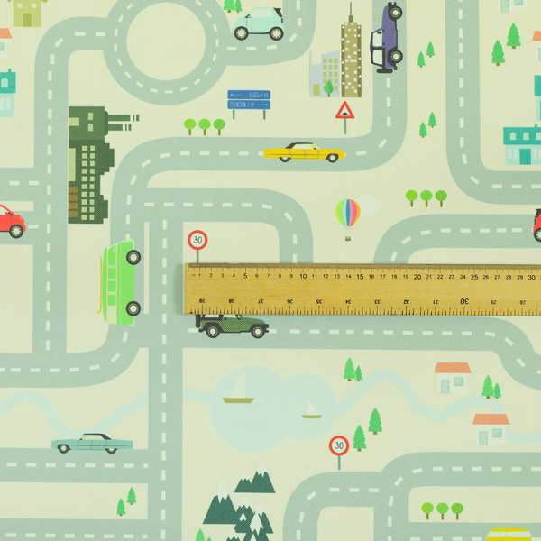 On The Road Map Children Play Mat Car Pattern Printed Upholstery Fabric In White - Roman Blinds