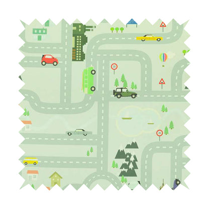 On The Road Map Children Play Mat Car Pattern Printed Upholstery Fabric In Silver - Made To Measure Curtains