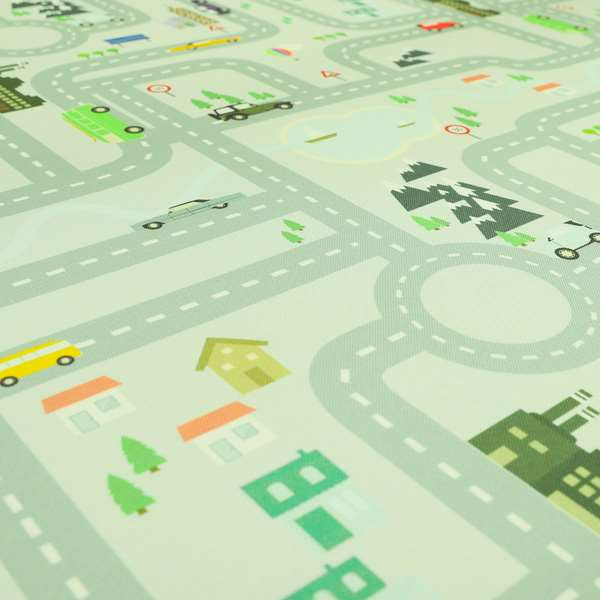 On The Road Map Children Play Mat Car Pattern Printed Upholstery Fabric In Silver - Roman Blinds