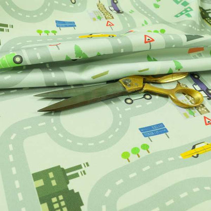 On The Road Map Children Play Mat Car Pattern Printed Upholstery Fabric In Silver