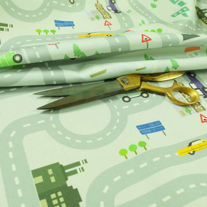 On The Road Map Children Play Mat Car Pattern Printed Upholstery Fabric In Silver - Handmade Cushions