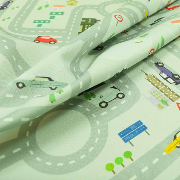 On The Road Map Children Play Mat Car Pattern Printed Upholstery Fabric In Silver - Roman Blinds