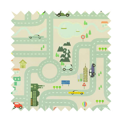 On The Road Map Children Play Mat Car Pattern Printed Upholstery Fabric In Pink - Roman Blinds