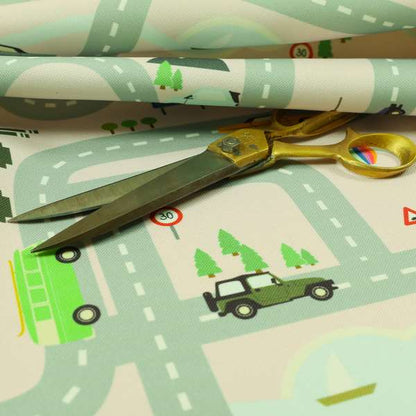 On The Road Map Children Play Mat Car Pattern Printed Upholstery Fabric In Pink - Roman Blinds