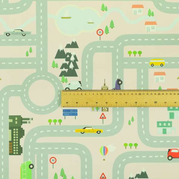 On The Road Map Children Play Mat Car Pattern Printed Upholstery Fabric In Pink - Roman Blinds