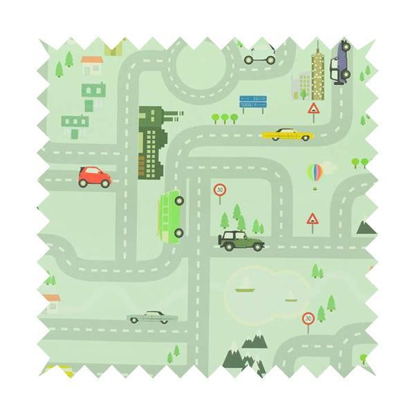 On The Road Map Children Play Mat Car Pattern Printed Upholstery Fabric In Green - Roman Blinds