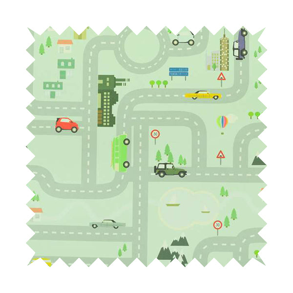 On The Road Map Children Play Mat Car Pattern Printed Upholstery Fabric In Green - Made To Measure Curtains