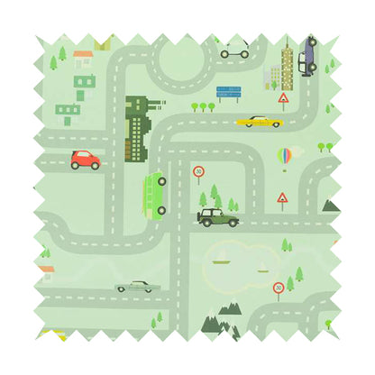 On The Road Map Children Play Mat Car Pattern Printed Upholstery Fabric In Green - Made To Measure Curtains