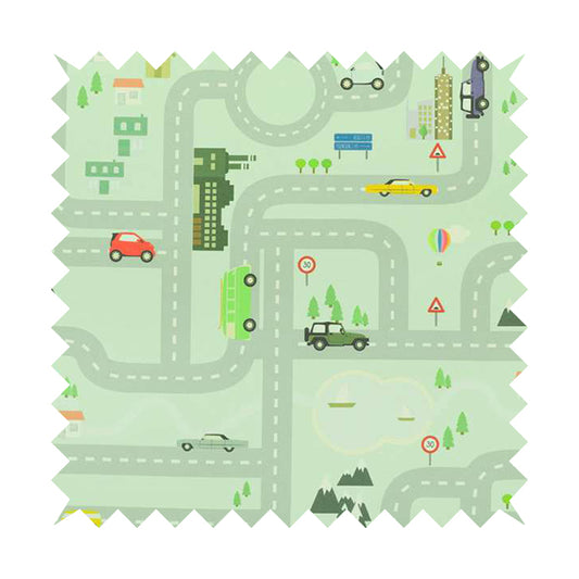 On The Road Map Children Play Mat Car Pattern Printed Upholstery Fabric In Green