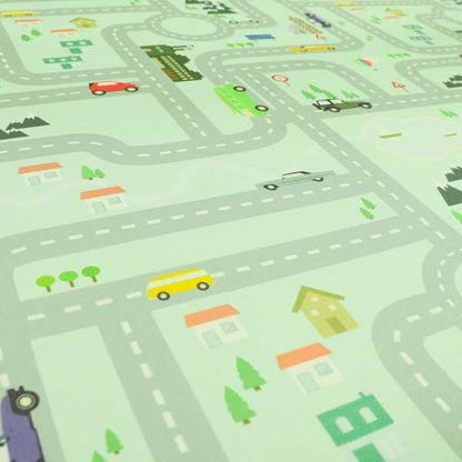 On The Road Map Children Play Mat Car Pattern Printed Upholstery Fabric In Green - Roman Blinds