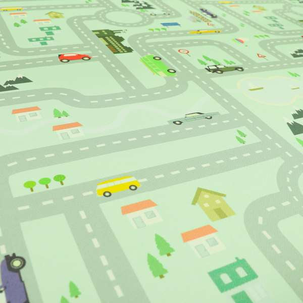 On The Road Map Children Play Mat Car Pattern Printed Upholstery Fabric In Green - Handmade Cushions