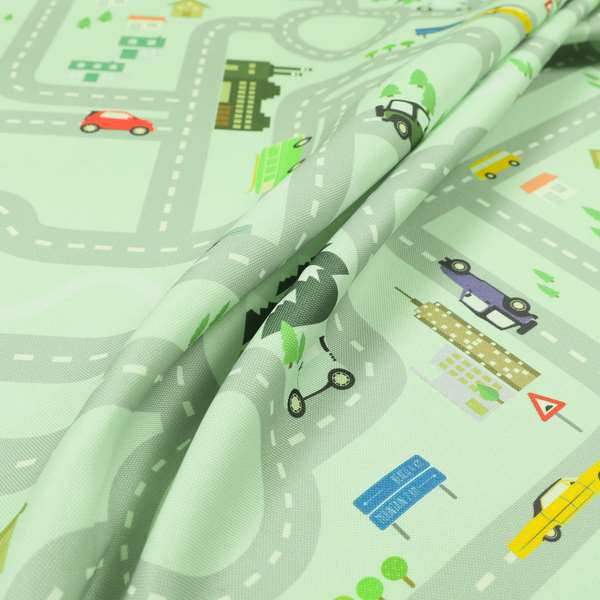 On The Road Map Children Play Mat Car Pattern Printed Upholstery Fabric In Green - Roman Blinds