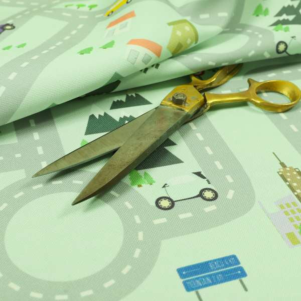 On The Road Map Children Play Mat Car Pattern Printed Upholstery Fabric In Green - Roman Blinds