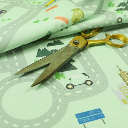 On The Road Map Children Play Mat Car Pattern Printed Upholstery Fabric In Green