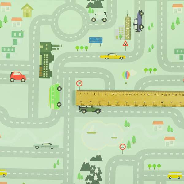 On The Road Map Children Play Mat Car Pattern Printed Upholstery Fabric In Green - Roman Blinds