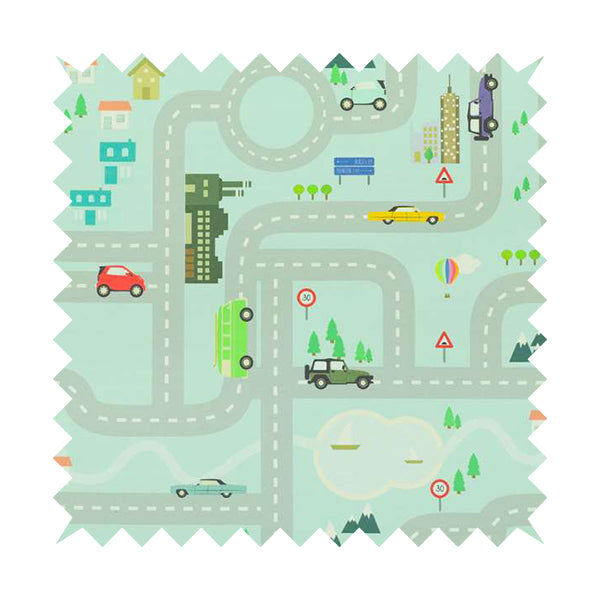 On The Road Map Children Play Mat Car Pattern Printed Upholstery Fabric In Blue - Roman Blinds