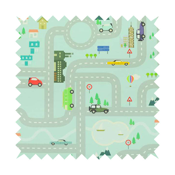 On The Road Map Children Play Mat Car Pattern Printed Upholstery Fabric In Blue - Made To Measure Curtains