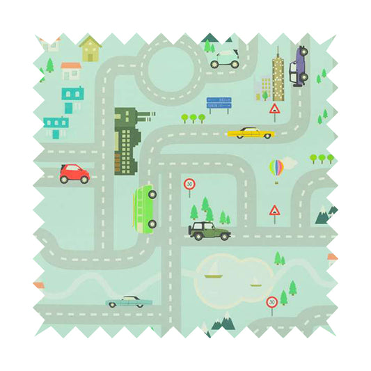 On The Road Map Children Play Mat Car Pattern Printed Upholstery Fabric In Blue