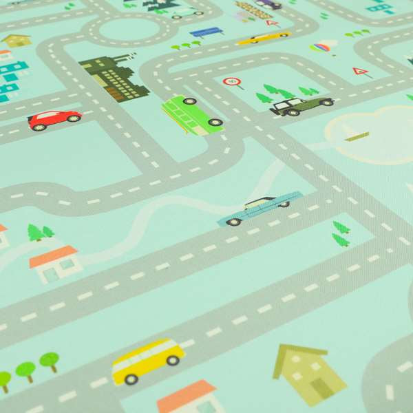 On The Road Map Children Play Mat Car Pattern Printed Upholstery Fabric In Blue - Roman Blinds