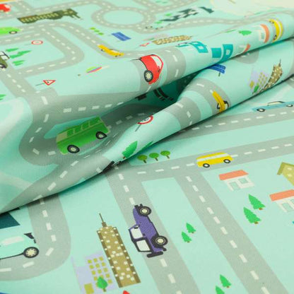 On The Road Map Children Play Mat Car Pattern Printed Upholstery Fabric In Blue - Roman Blinds