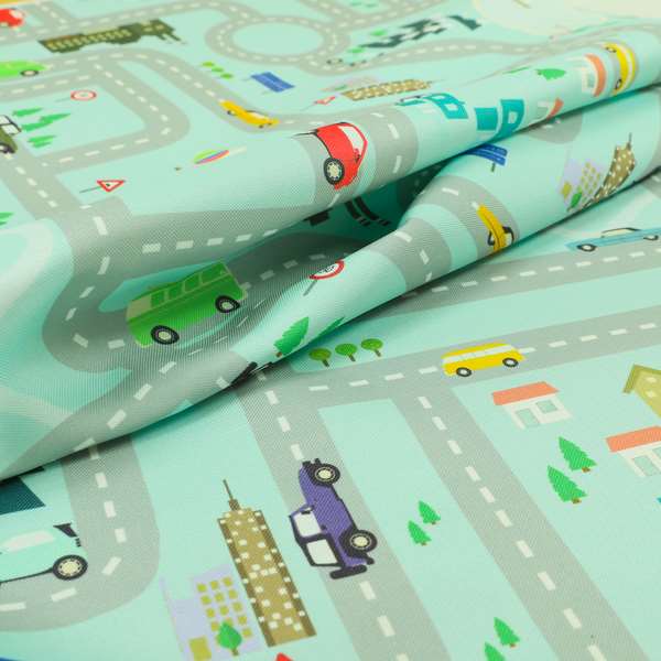 On The Road Map Children Play Mat Car Pattern Printed Upholstery Fabric In Blue - Made To Measure Curtains