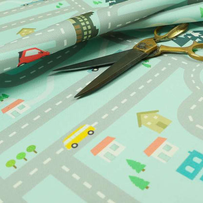 On The Road Map Children Play Mat Car Pattern Printed Upholstery Fabric In Blue - Roman Blinds