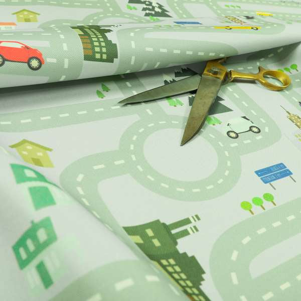 On The Road Map Children Play Mat Car Pattern Printed Upholstery Fabric In Purple - Roman Blinds