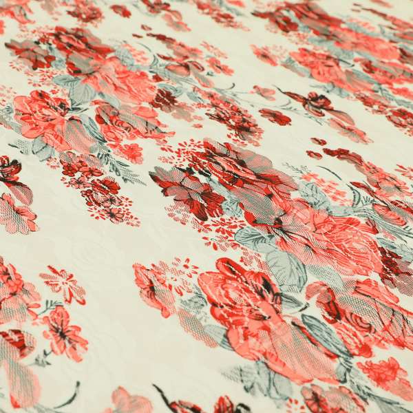 Floral Pattern Printed On Lace White Red Colour Stretchy Fabric PSS071015-98