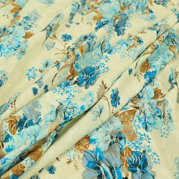 Floral Pattern Printed On Lace White Blue Colour Stretchy Fabric PSS071015-99