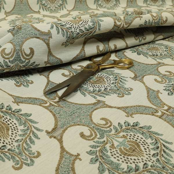 Designer Floral Design Pattern White Teal Brown Mix Colour Upholstery Material Fabric PSS200215-35