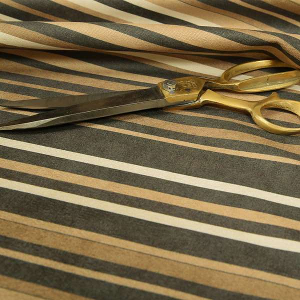 Pandora Vertical Stripes Pattern Soft Chenille Like Velvet Fabric Brown Beige Cream Shade Colour - Roman Blinds