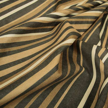 Pandora Vertical Stripes Pattern Soft Chenille Like Velvet Fabric Brown Beige Cream Shade Colour