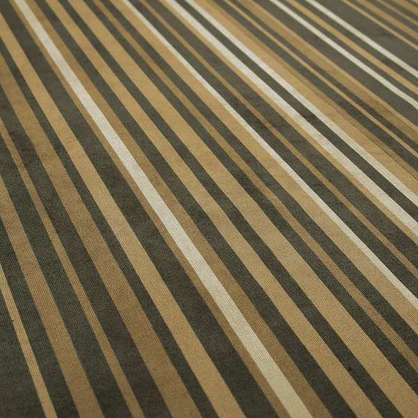 Pandora Vertical Stripes Pattern Soft Chenille Like Velvet Fabric Brown Beige Cream Shade Colour