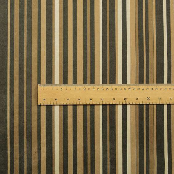 Pandora Vertical Stripes Pattern Soft Chenille Like Velvet Fabric Brown Beige Cream Shade Colour