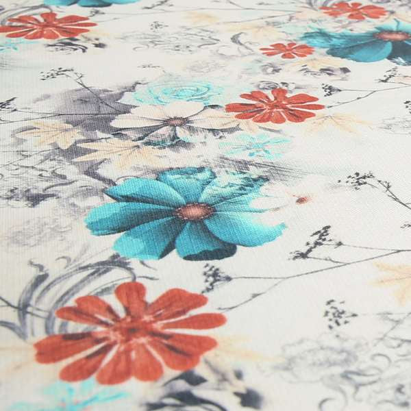 Pat Floral Pattern Red Blue Colour Printed Velvet Upholstery Curtain Fabrics - Made To Measure Curtains