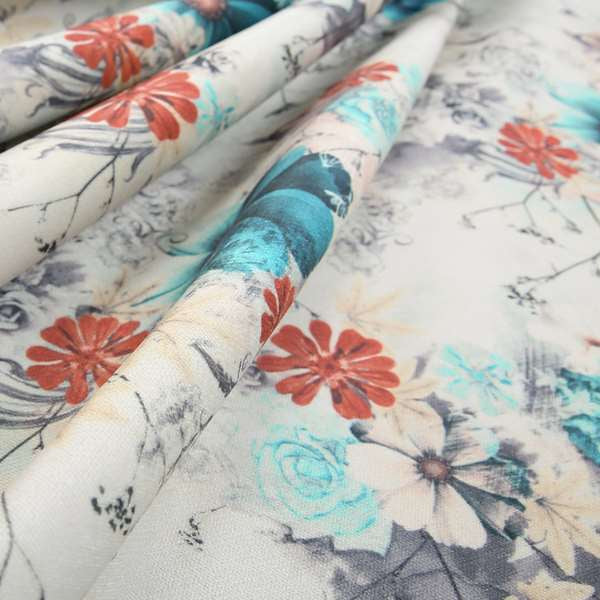 Pat Floral Pattern Red Blue Colour Printed Velvet Upholstery Curtain Fabrics - Roman Blinds