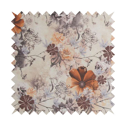 Pat Floral Pattern Orange Brown Colour Printed Velvet Upholstery Curtain Fabrics - Roman Blinds