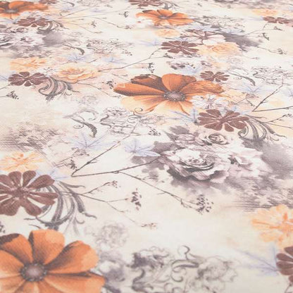 Pat Floral Pattern Orange Brown Colour Printed Velvet Upholstery Curtain Fabrics - Roman Blinds