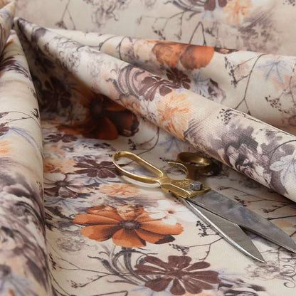 Pat Floral Pattern Orange Brown Colour Printed Velvet Upholstery Curtain Fabrics - Roman Blinds