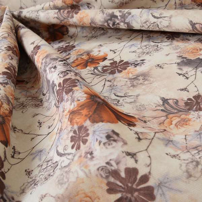 Pat Floral Pattern Orange Brown Colour Printed Velvet Upholstery Curtain Fabrics - Made To Measure Curtains