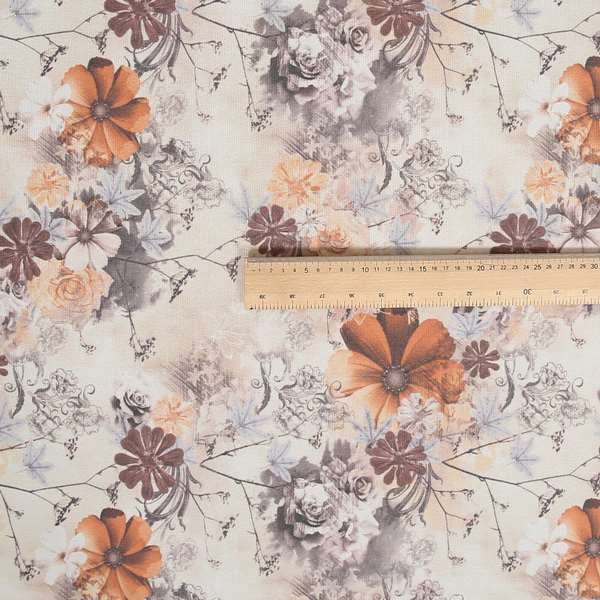 Pat Floral Pattern Orange Brown Colour Printed Velvet Upholstery Curtain Fabrics - Roman Blinds