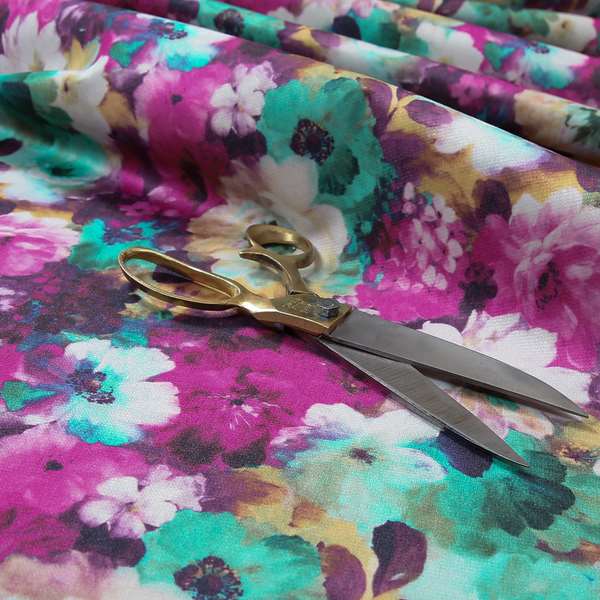 Pat Floral Pattern Pink Colour Printed Velvet Upholstery Curtain Fabrics - Roman Blinds