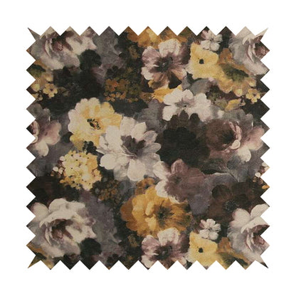 Pat Floral Pattern Brown Yellow Colour Printed Velvet Upholstery Curtain Fabrics - Made To Measure Curtains