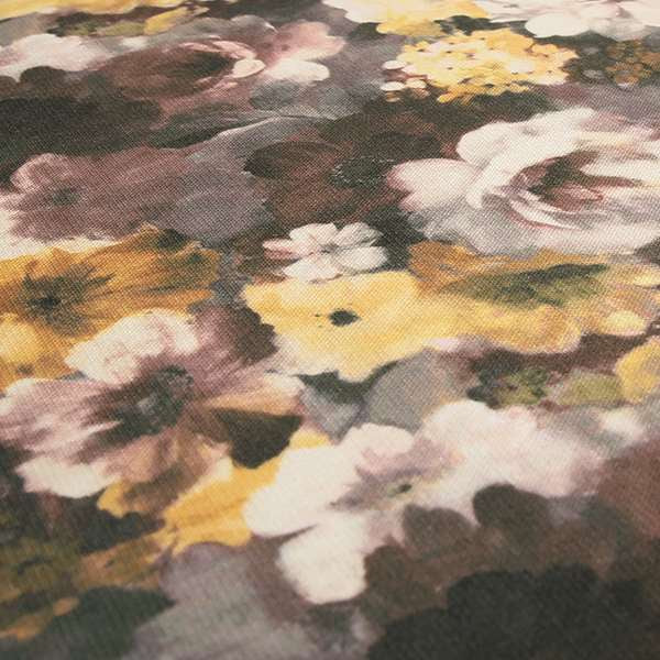 Pat Floral Pattern Brown Yellow Colour Printed Velvet Upholstery Curtain Fabrics - Made To Measure Curtains