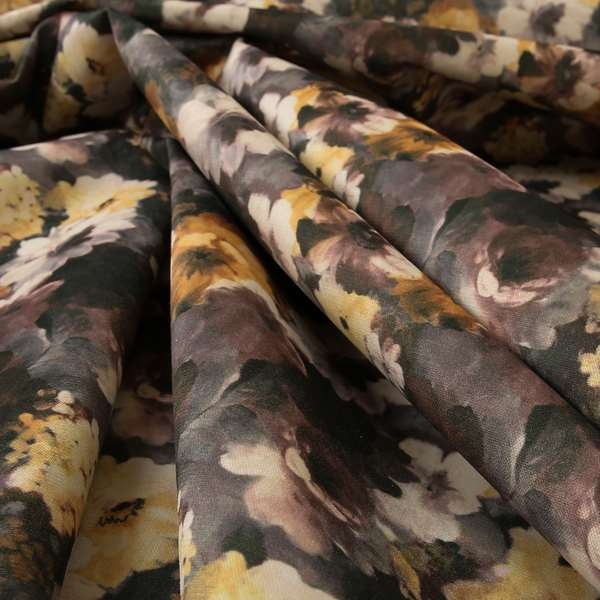 Pat Floral Pattern Brown Yellow Colour Printed Velvet Upholstery Curtain Fabrics - Made To Measure Curtains