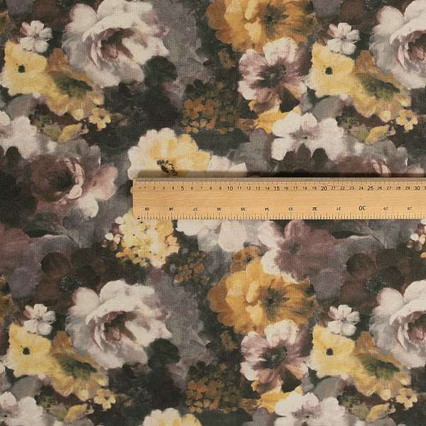 Pat Floral Pattern Brown Yellow Colour Printed Velvet Upholstery Curtain Fabrics - Roman Blinds