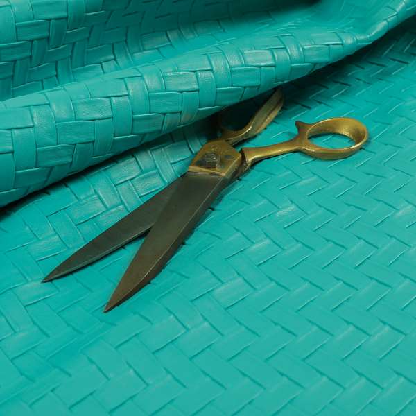 Rodeo Basketweave Pattern Semi Plain Faux Leather In Teal Blue Colour Upholstery Fabric