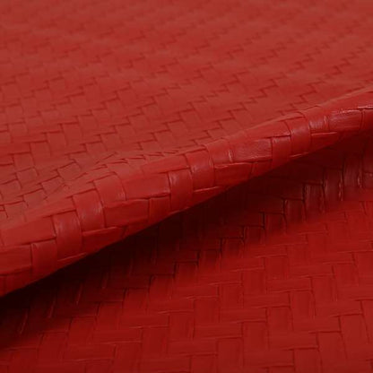 Rodeo Basketweave Pattern Semi Plain Faux Leather In Red Colour Upholstery Fabric