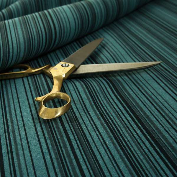 Samantha Black Striped Design Printed Soft Chenille Furnishing Fabric Teal Blue Colour - Roman Blinds